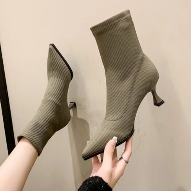 Pointed Toe High-heeled Ankle Boots Women's New Mid-sleeve Elastic Boots Korean Version Nude Color Ankle Boots Thin High Boots