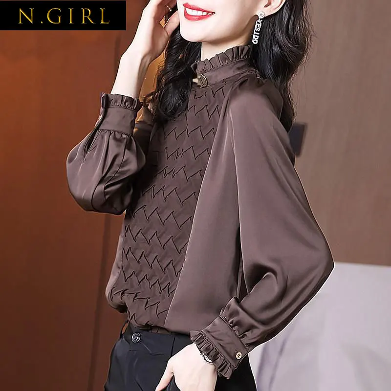 

Модные однотонные женские повседневные Пуловеры A GIRLS с воротником-стойкой и оборками, осень 2022, новая Универсальная рубашка для поездок