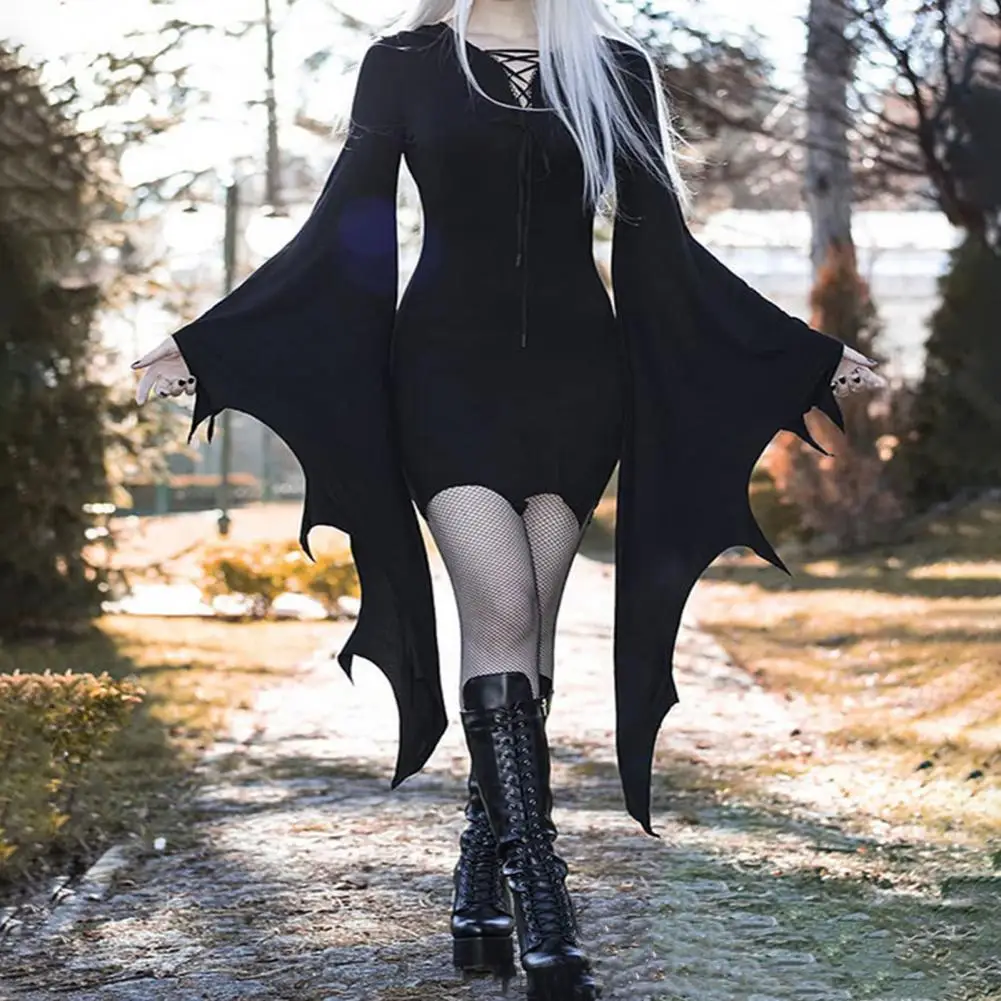 Женское платье на Хэллоуин облегающее шнуровке с нерегулярными рюшами и