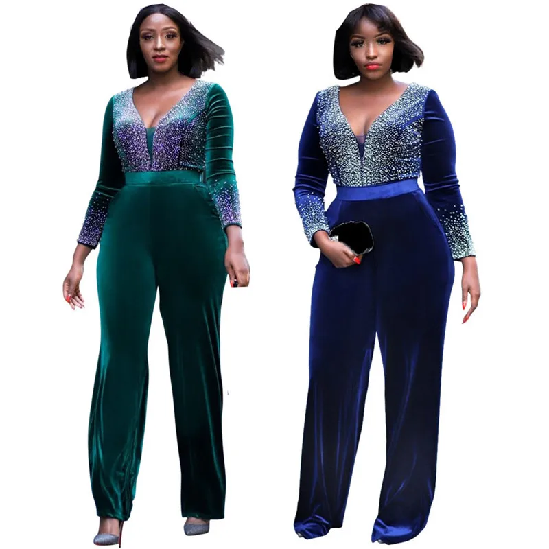 

WUHE Spring Beading Velvet Women Jumpsuits Long Sleeve High Waisted V Neck Elegant Diamonds Night Rompers Office Lady Overalls