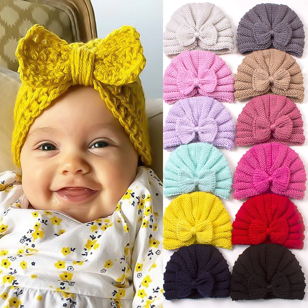 

New Bow Baby Hat Autumn Winter Knit Baby Beanie Big Elastic Kids Turban Hat Infant Bonnet Newborn Cap for Girls Boys Accessories
