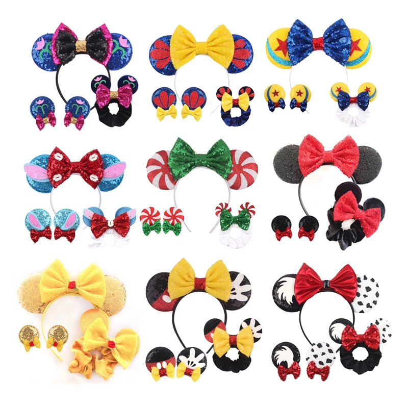 

4pcs Mickey Mouse Headband Pretty Velvet Scrunchies Hairband Women Elastic Ponytail Holder Girls Sequin Hair Bow Hair Hair Pin