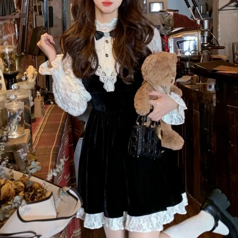 

Lolita Lace Dress Women Party 2023 Spring Black Y2k Mini Dress Evening Retro Velvet One Piece Dress Korea Vintage Kawaii Clothes