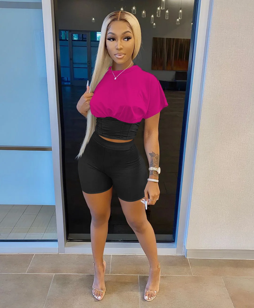 

2022 women's summer fashion color matching waist two-piece set