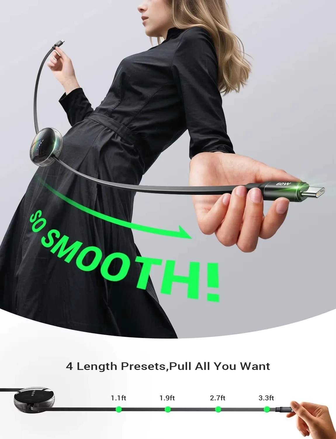 Выдвижной кабель для передачи данных Lisen 2024 60 Вт 3 А Тип c 2 упаковки iPhone 13 14 12 11 Pro X Max