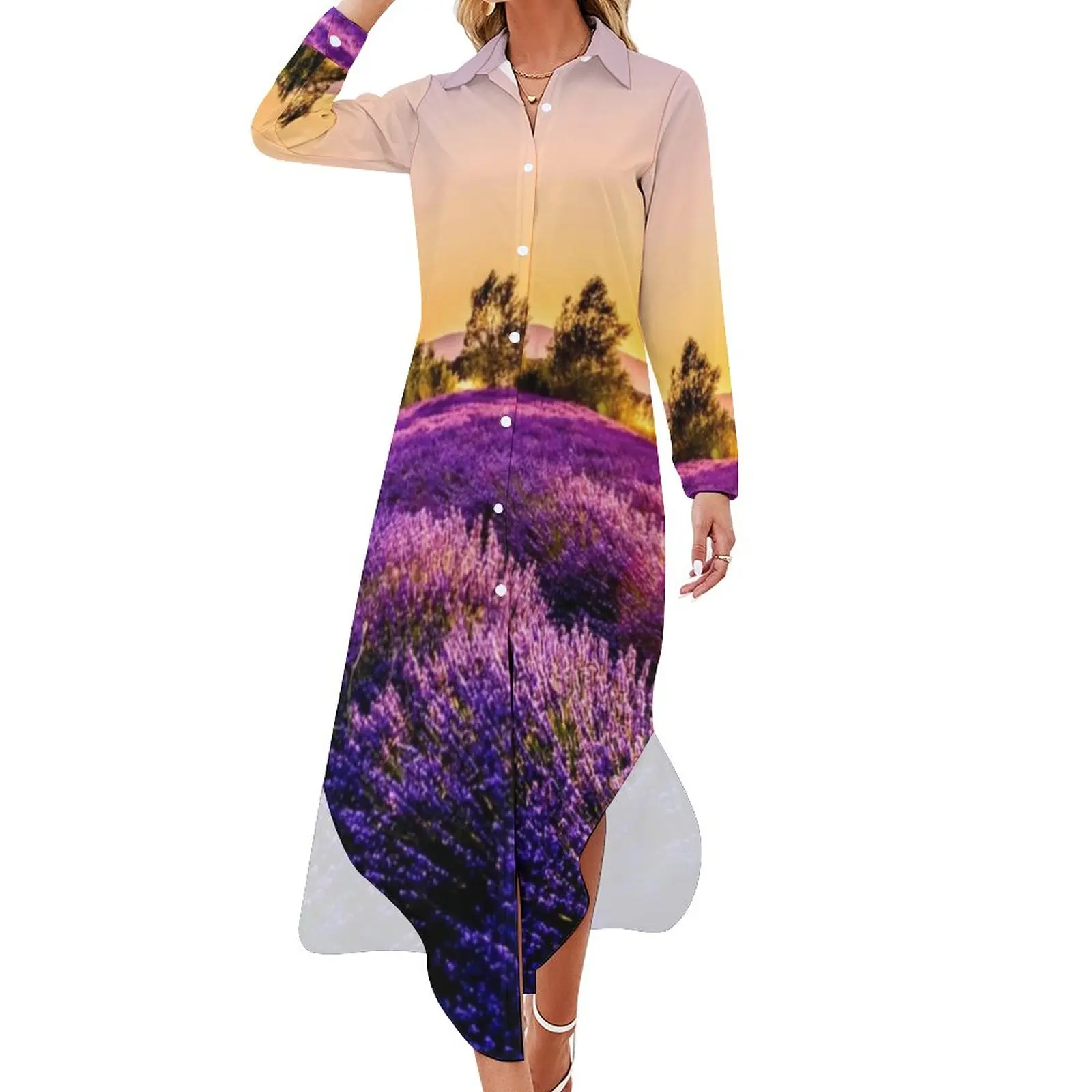 

Женское шифоновое платье с принтом, Повседневное платье лавандового цвета с длинным рукавом и V-образным вырезом, большие размеры