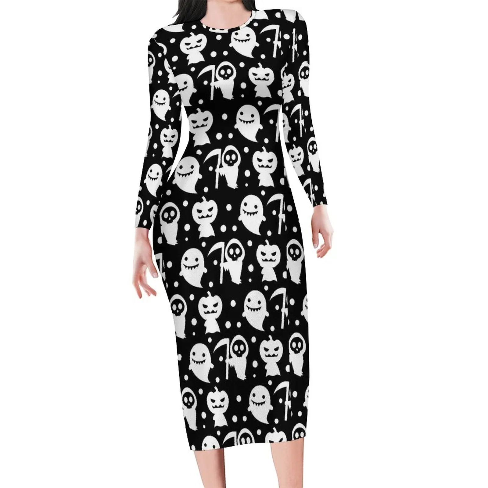 

Happy Halloween Dress Woman Cute Ghost Street Wear Bodycon Dress Autumn Long Sleeve Cute Dresses Pattern Oversized Clothing