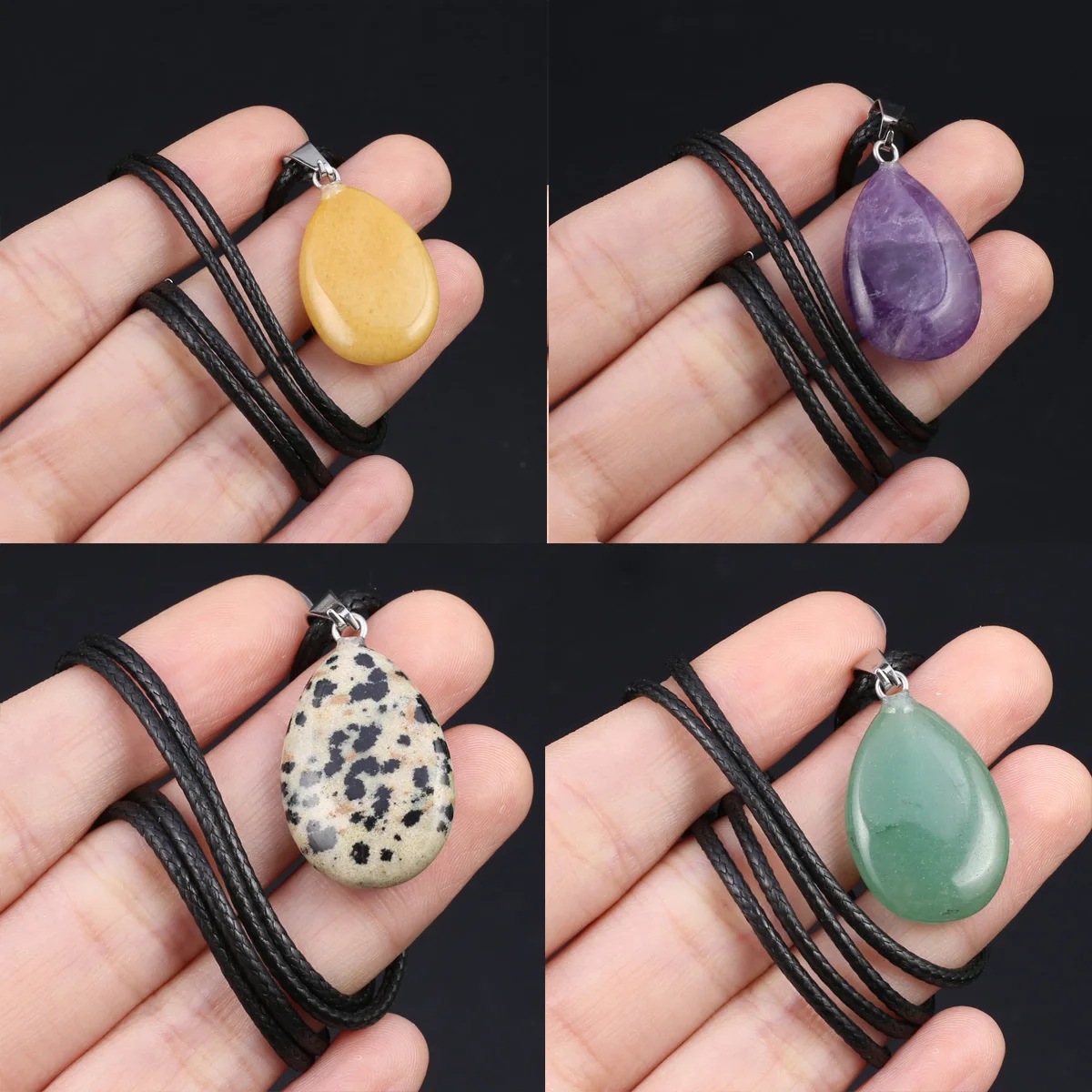 

Leather Rope Chain Natural Stone Amethyst Green Aventurine Turquoise Jade Droplet Shape Pendant Necklace Charm Jewelry Gift
