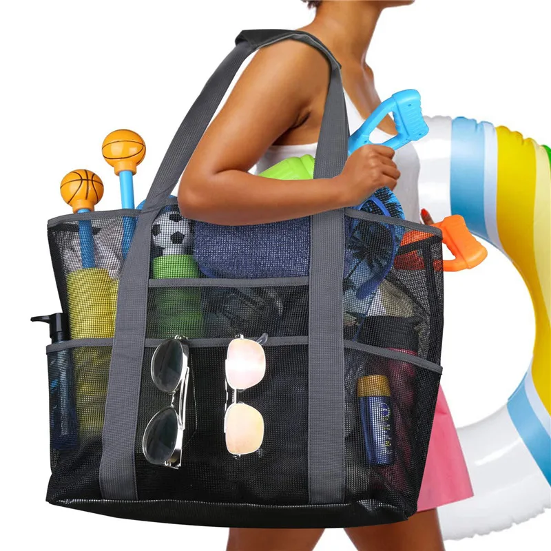 

2021 new Summer Large Beach Bag For Towels Mesh Durable Beach Storage Bag For Toys Waterproof Underwear Pocket Beach Tote Bag