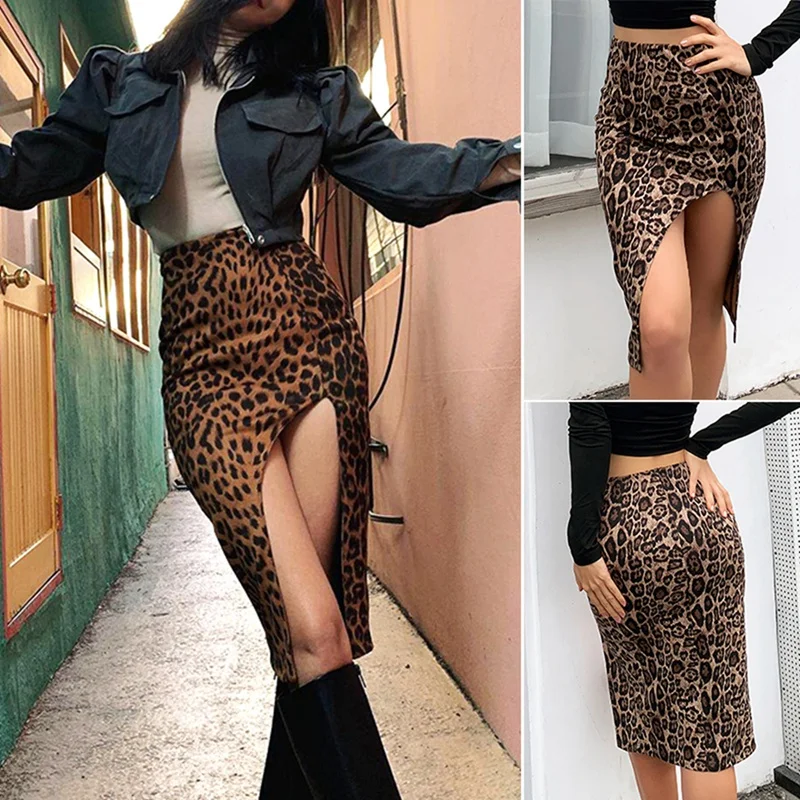 

Spring Winter Women Faux Suede Print High Waist Side Slit Party Skirt Casual Split Midi Skirts