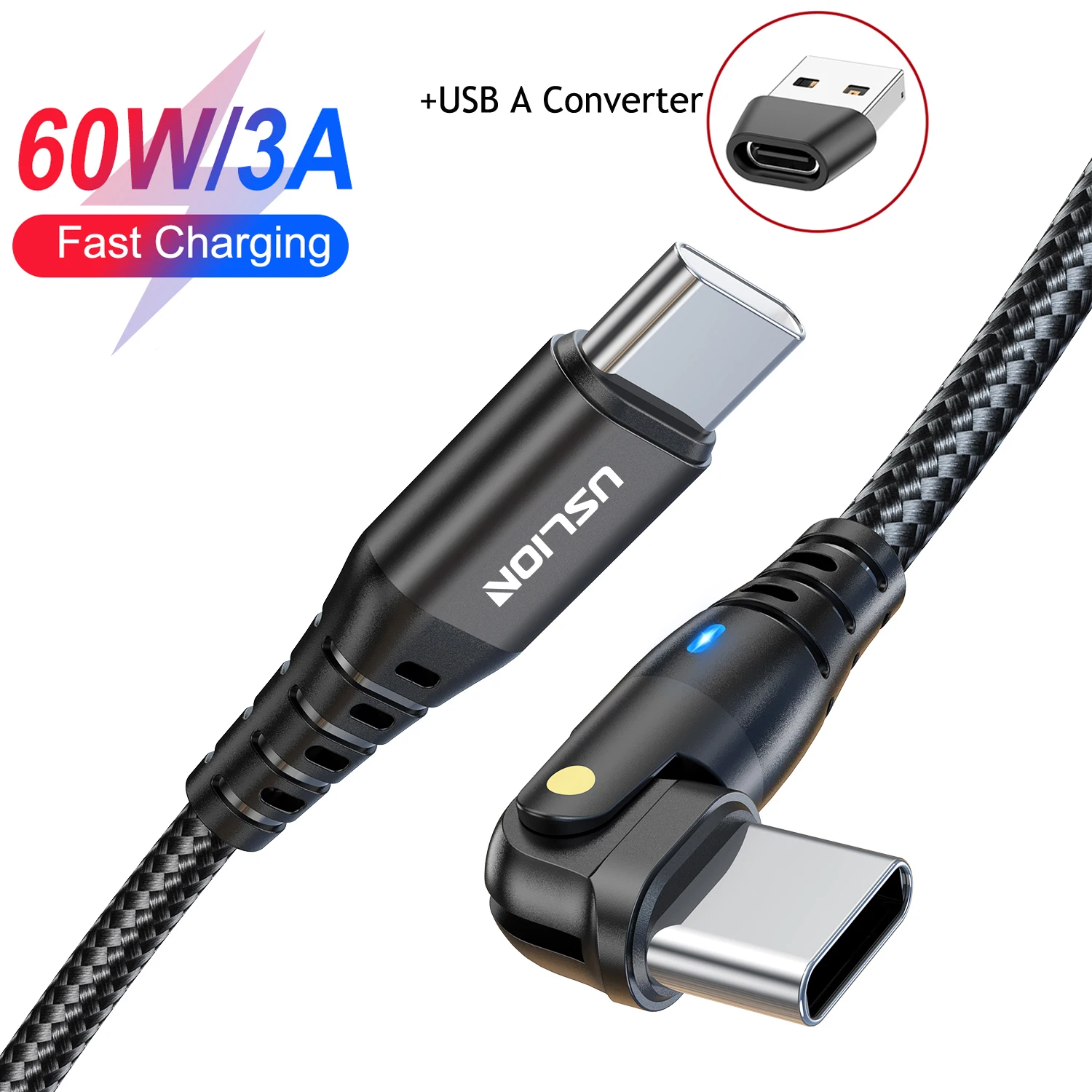 

USLION PD 60W USB C To Type C Cable 180 Rotate Elbow For Game 3A Fast Charging Data Cord For Macbook iPad Xiaomi 12 Poco Samsung