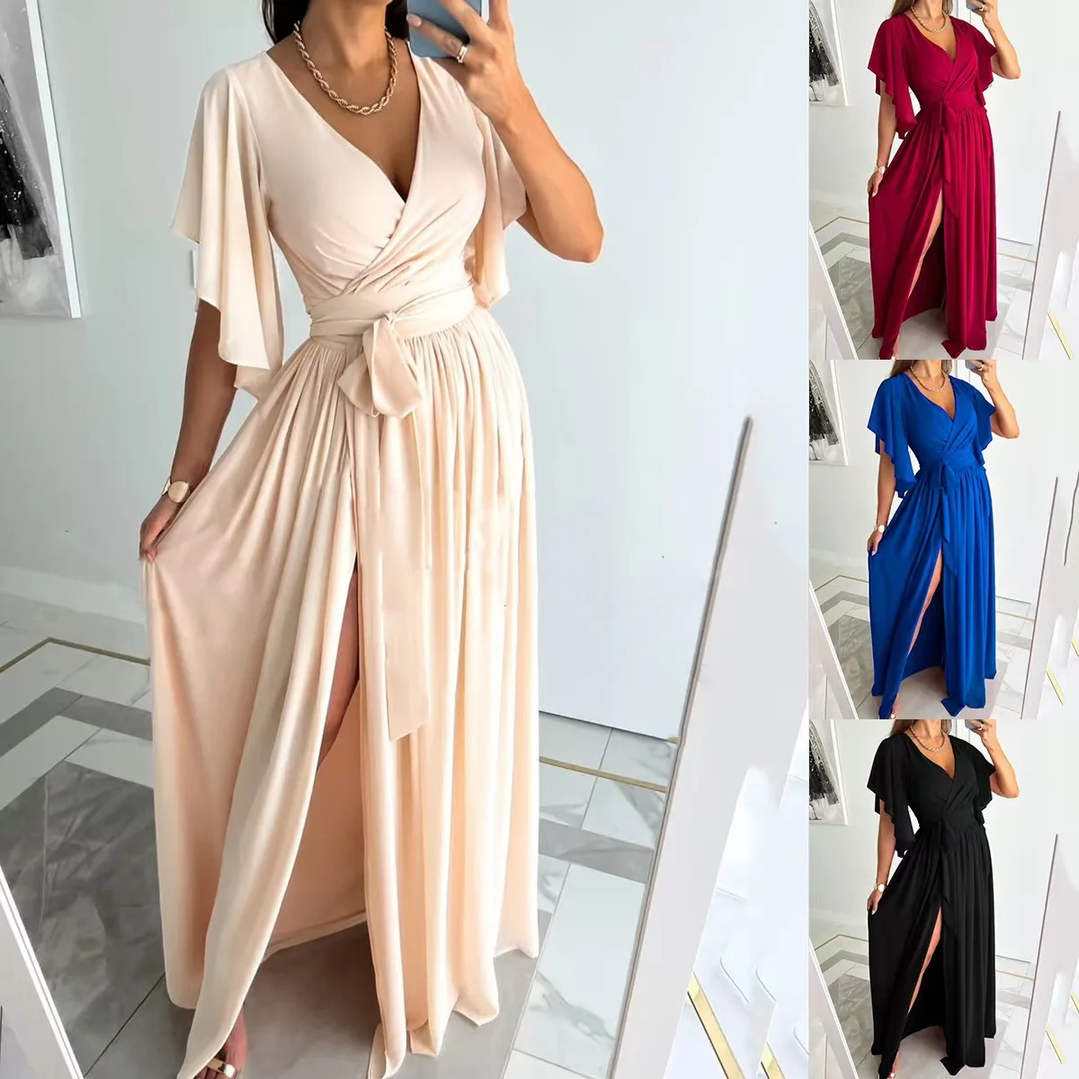 

Women Summer Sexy Deep V Neck High Slit Everning Party Dress Female Fashion Pleat Sash Maxi Elegant Flare Short Sleeve Vestidos