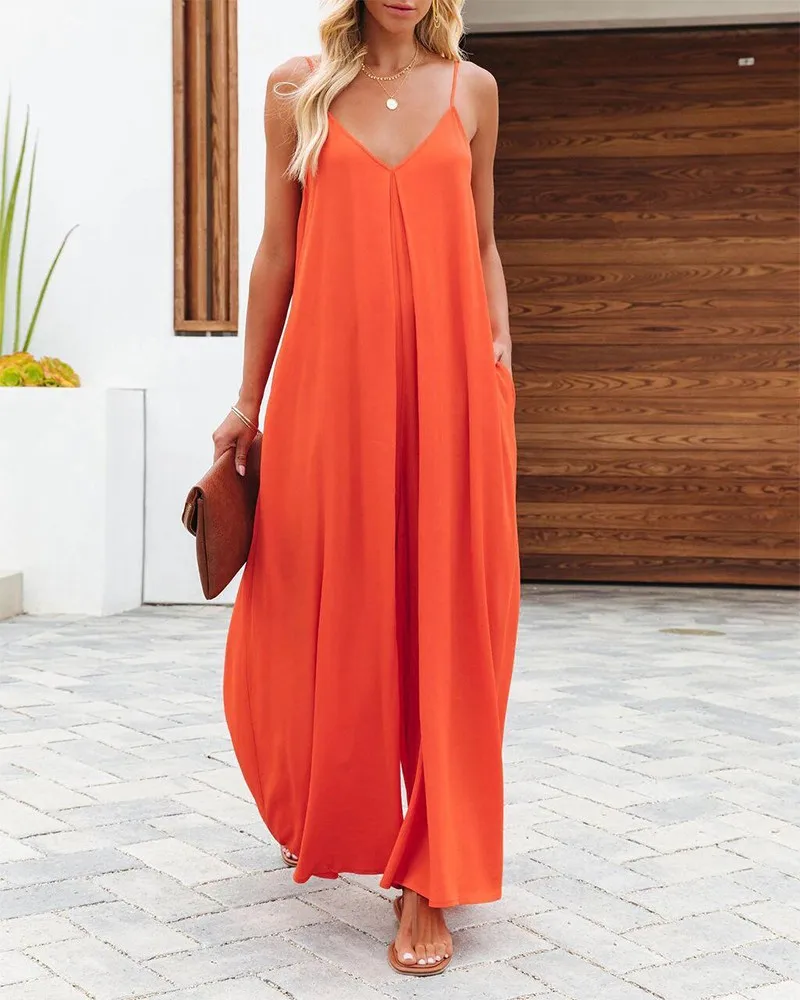 

Women Sleeveless Sexy Loose Fashion Solid Color Spaghetti Strap V-Neck Wide Leg Jumpsuit High Waist Pants Jumpsuits Overalls