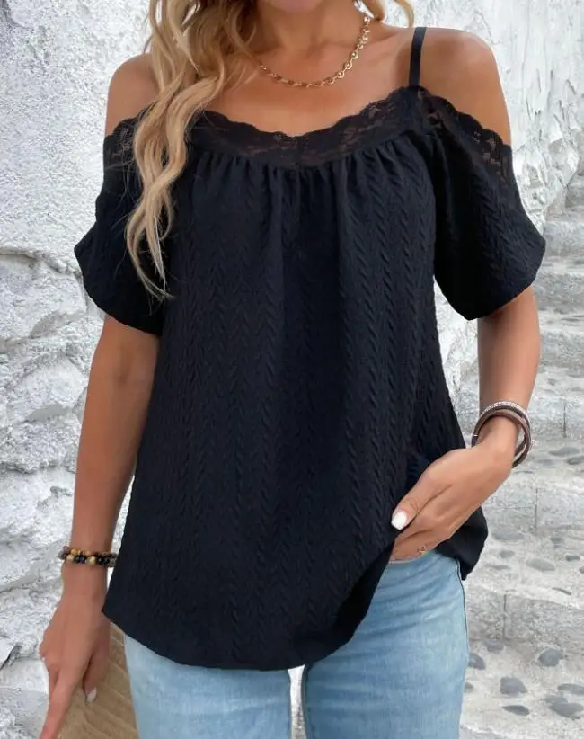 

Female Summer French Lace Small Shirt Women's Clothing Sling Style 3D Effect 2023 New Fashion Summer Short-Sleeved Loose Top