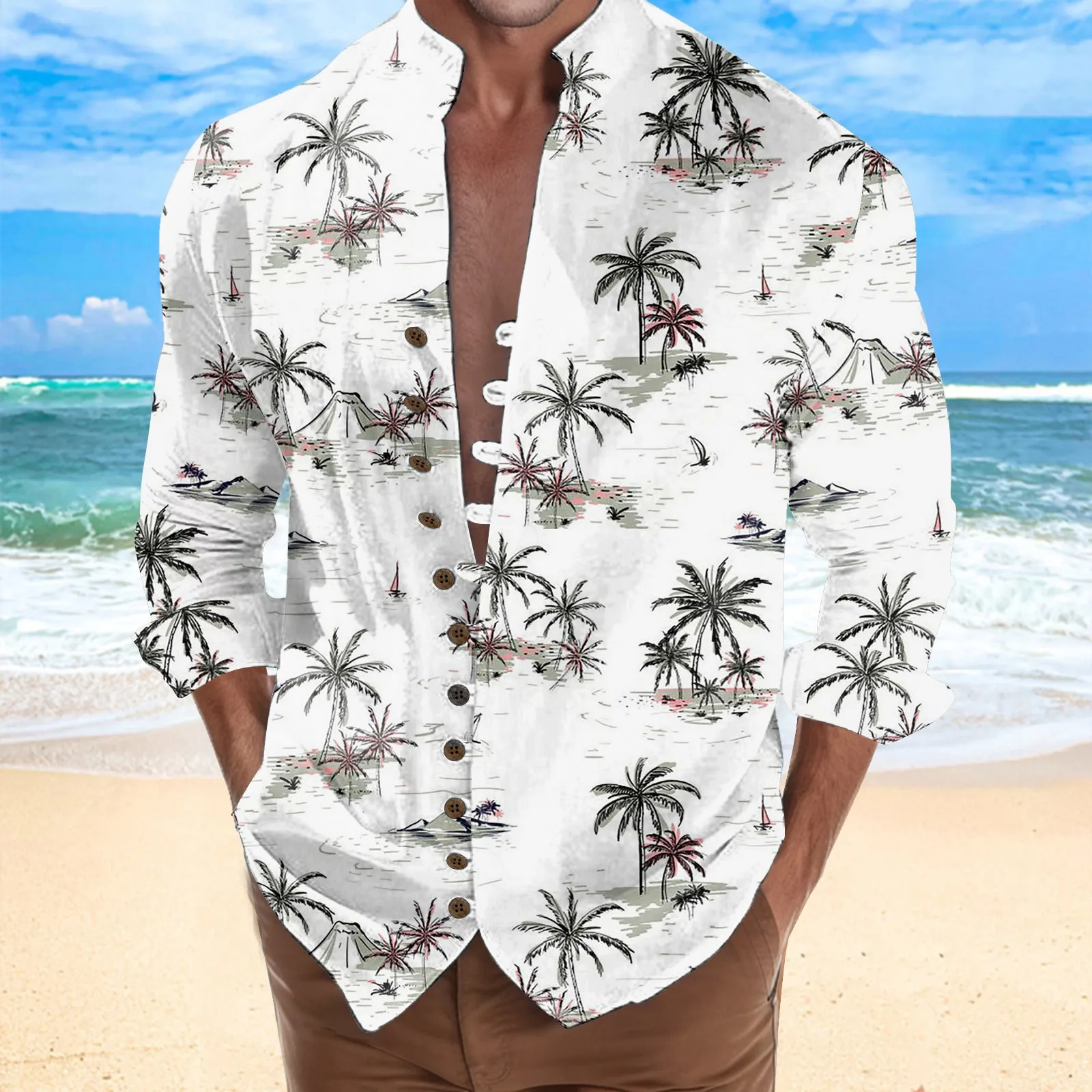 

Summer Men'S Coconut Tree Hawaiian Shirts Printed Harajuku Long Sleeve Blouse Oversized Tops Tee Shirts Homme Camiseta Hombre