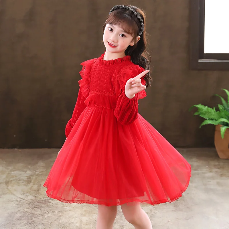

New Spring Autumn Children Girls Dress Children's Dance Performance Red Lace Princess White Ball Gown Frocks Dresses Party Kids
