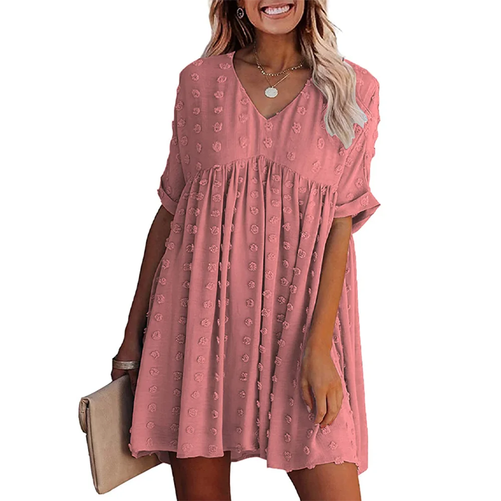 

Summer Casual Boho Chiffon Dress Woman 2022 Fashion Sexy V Neck Short Sleeve Folds Big Hem Mini Dresses Women Party Beach Dress