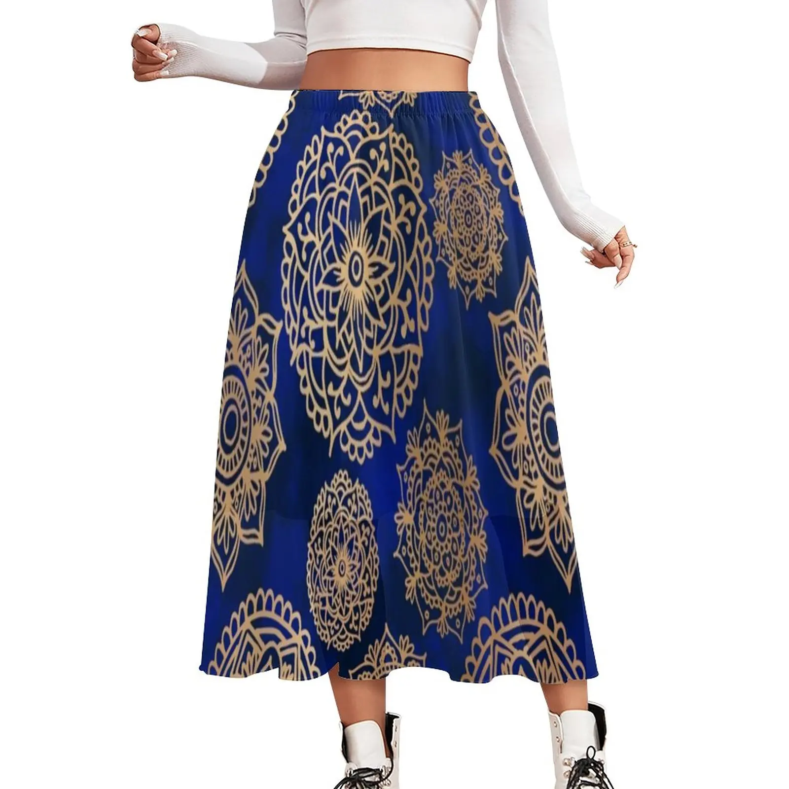 

Женская длинная юбка с принтом мандалы, голубая Золотая пляжная юбка в стиле ретро, повседневная юбка с эластичным поясом
