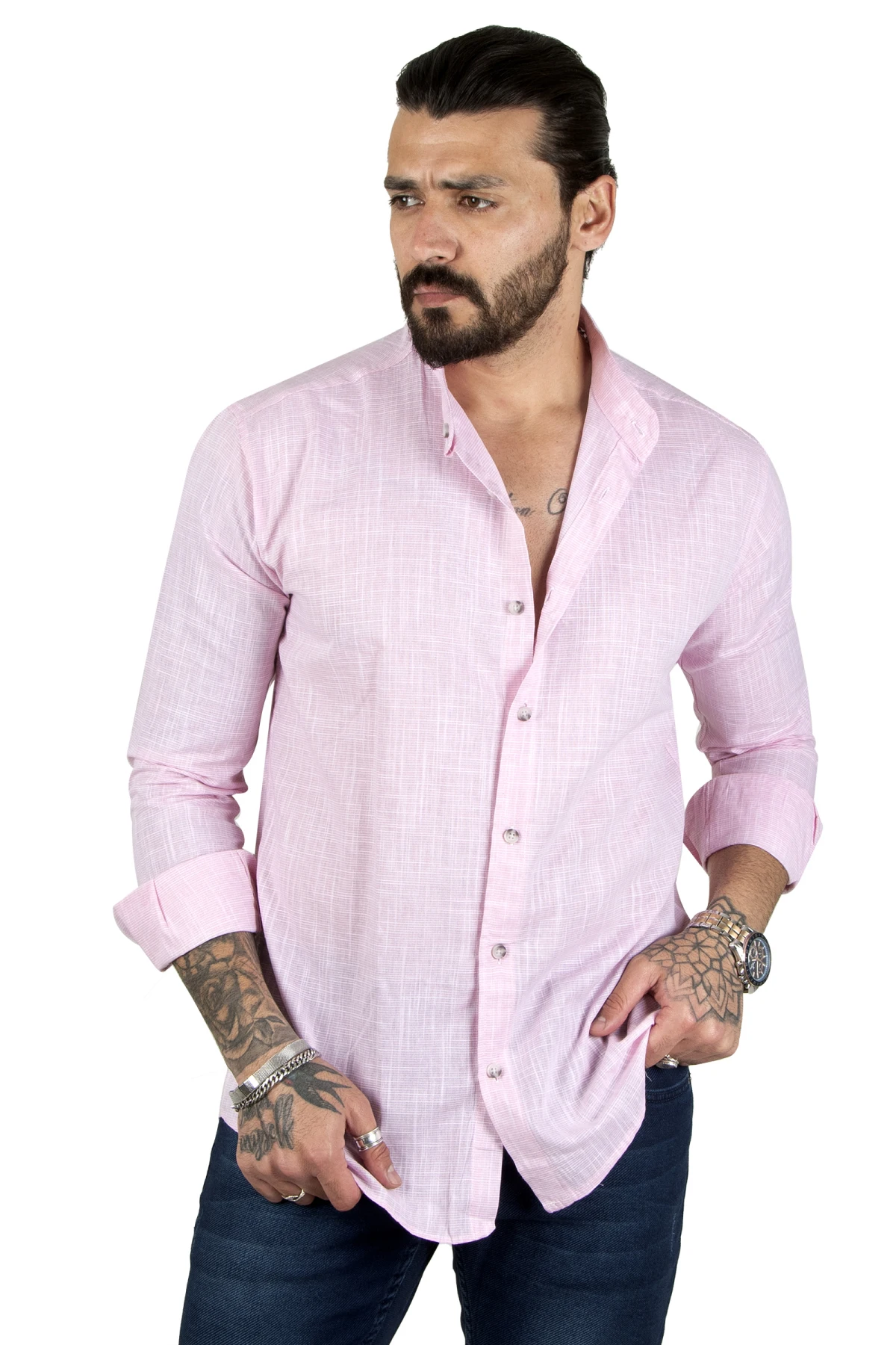 DeepSEA striped lycra dominant collar raw linen long sleeve men's shirt 2201895