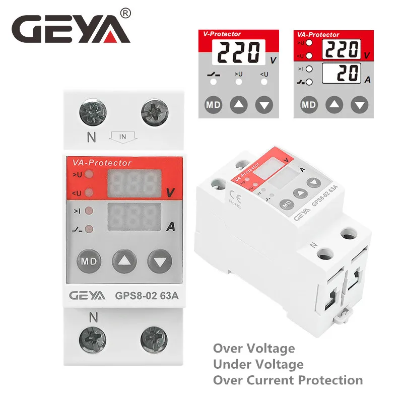 

GEYA GPS8 LED Display 40A 63A 80A Din Rail 230V Adjustable Voltage Protector Relay with Current Protection