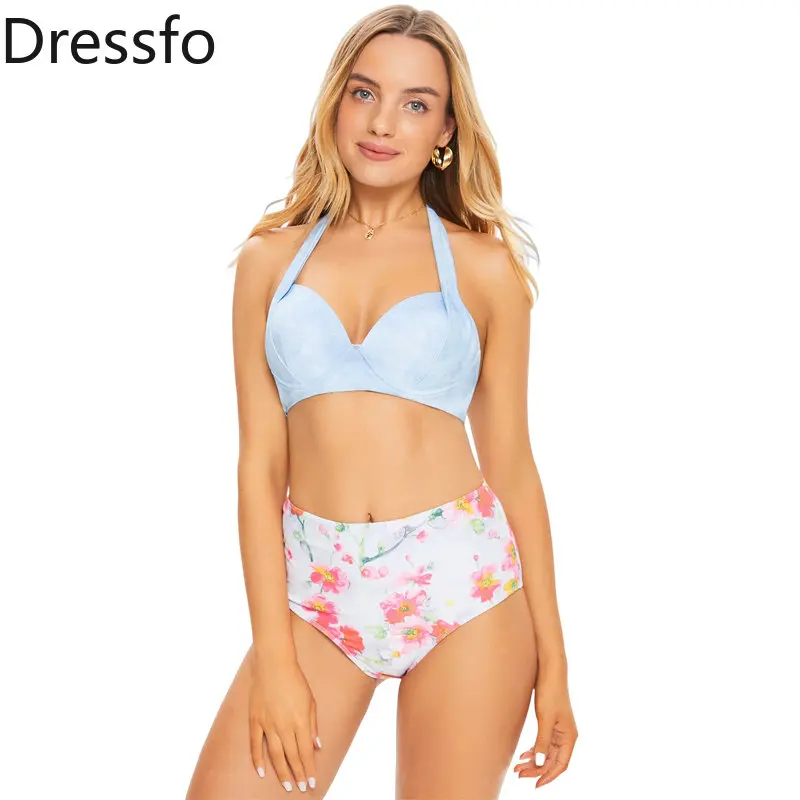 

Dressfo Floral Flower Print Underwire Swimsuit Halter High Waist Shorts Rise Bikini Swimwear Set Bathing Suit Women 2023