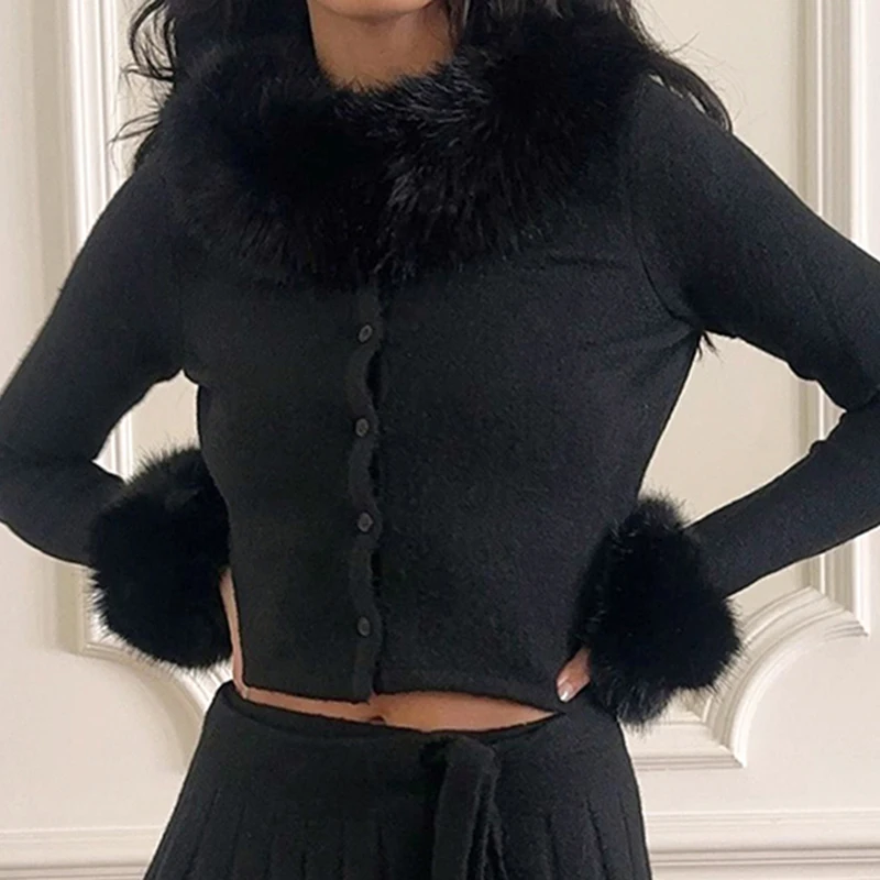 HEYounGIRL Y2K меховой лоскутный кардиган футболка винтажный черный зимний