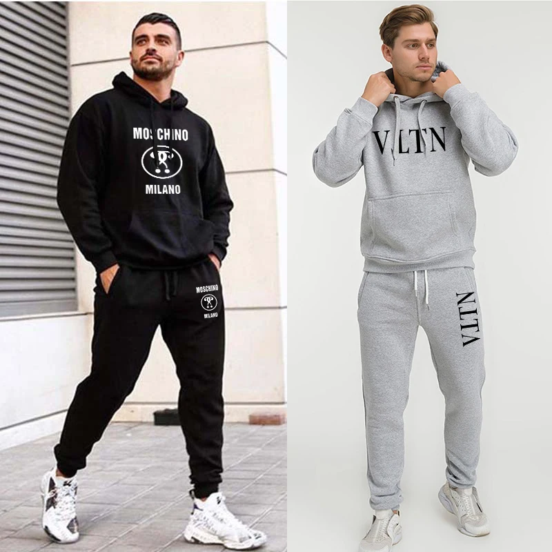 Mens Hoodie Luxury Sweatshirt Set 2Pcs Pullover Hoodie + Sweatpants Male Hooded Tracksuit Sportswear Man Brand Suit Winter Cloth