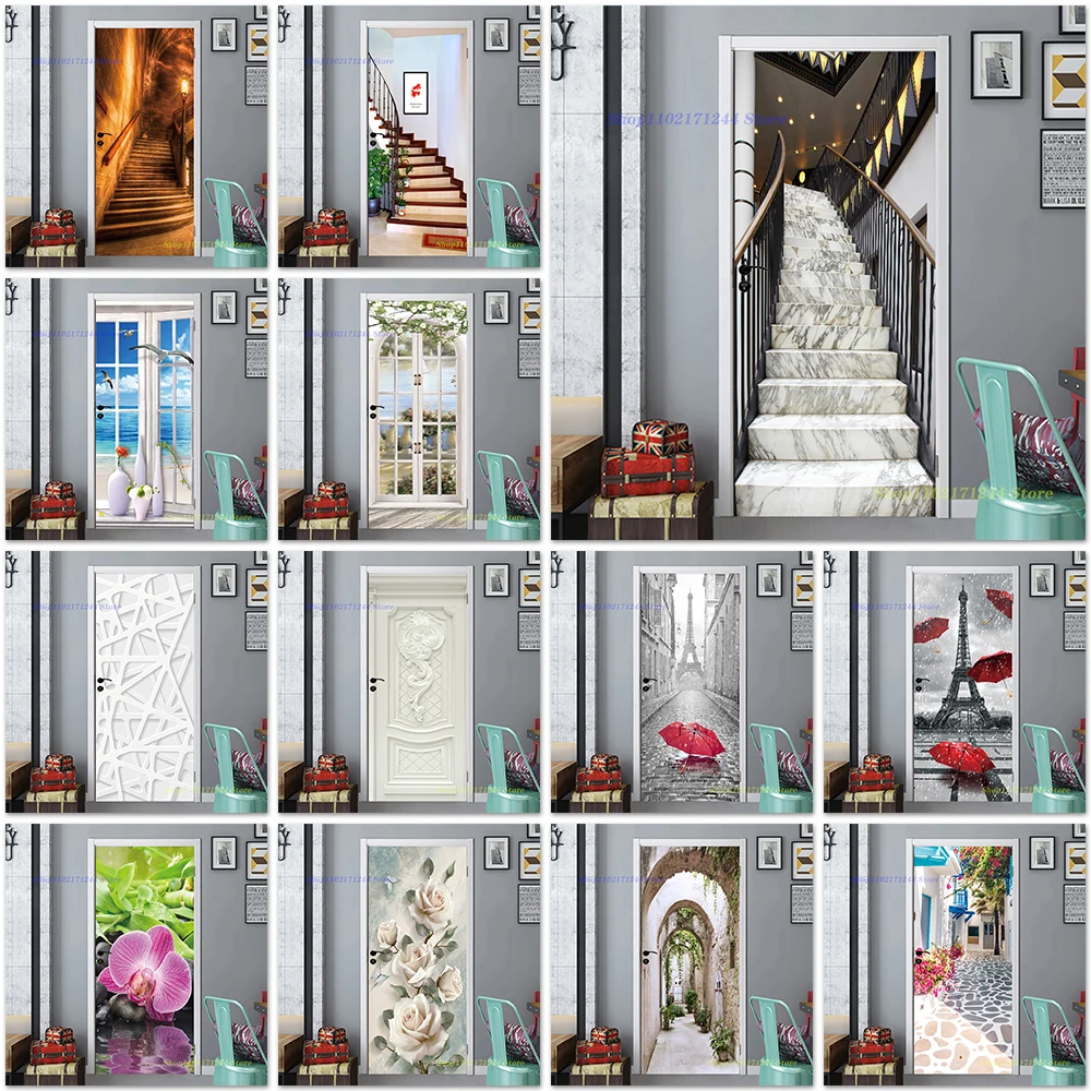 

Modern Stair Vinyl Self Adhesive 3D Door Sticker Light Luxury Living Room Decoration Flower Paris Street Corridor Wall Wallpaper