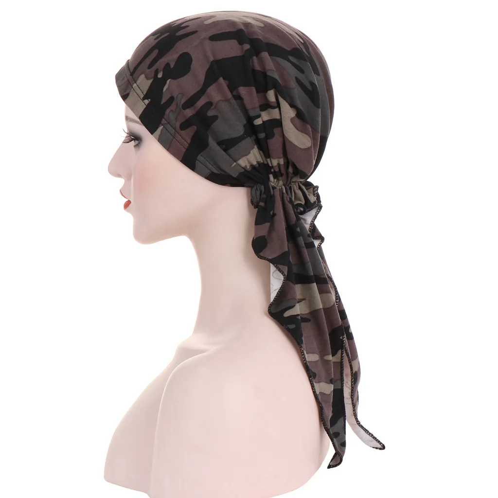 Patterened Hijabs for Women with Tail Muslim Woman Turban Hijab Bonnets Ramadan Islamic Female Cap Headwrap Breathable