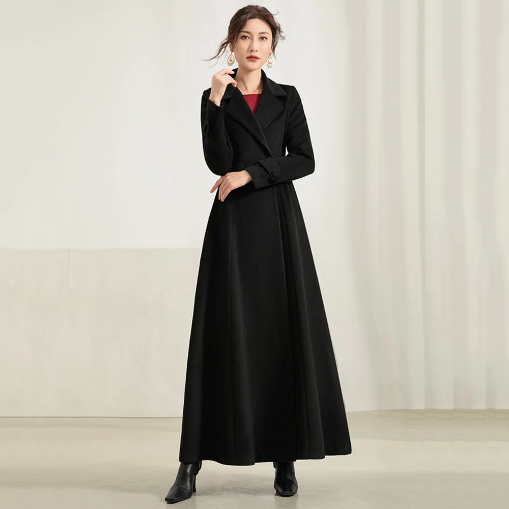 

New Women Long Wool Blends Coat Autumn Winter Fashion Thicken Slim Chic Waist Woolen Overcoat Lengthened Black Outerwear Female