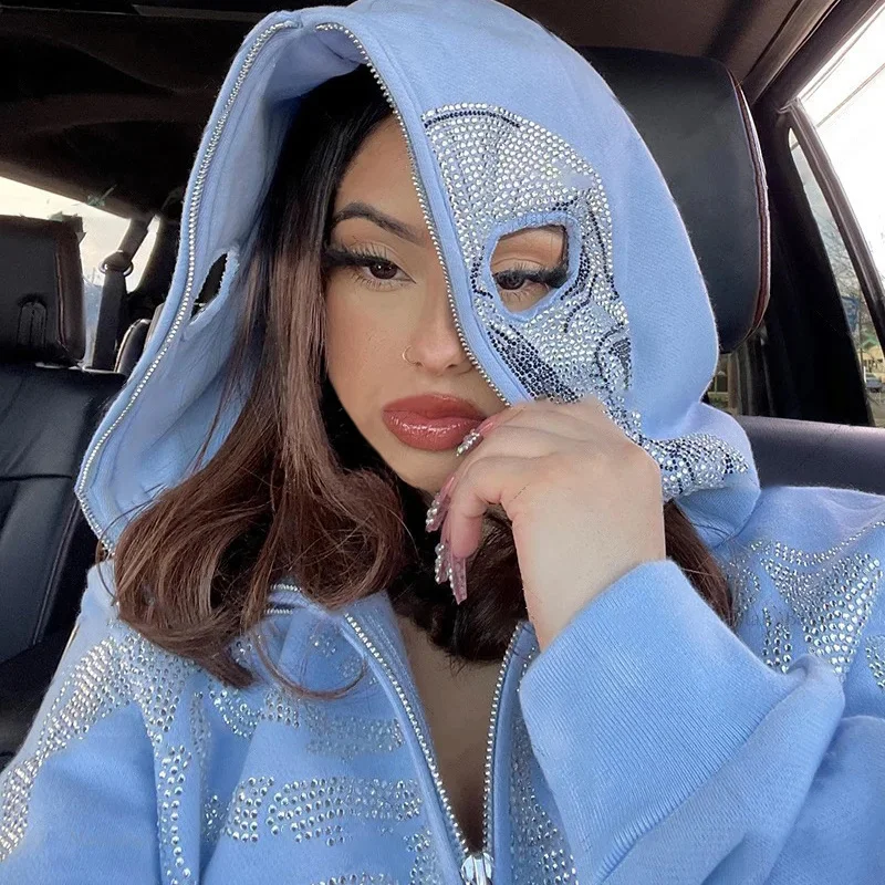 

Y2k Skull Rhinestone Hoodies Women Fashion Full Zip Up Grunge Oversized Sweatshirt Harajuku Long Sleeve Clothing Hoodie Sweater