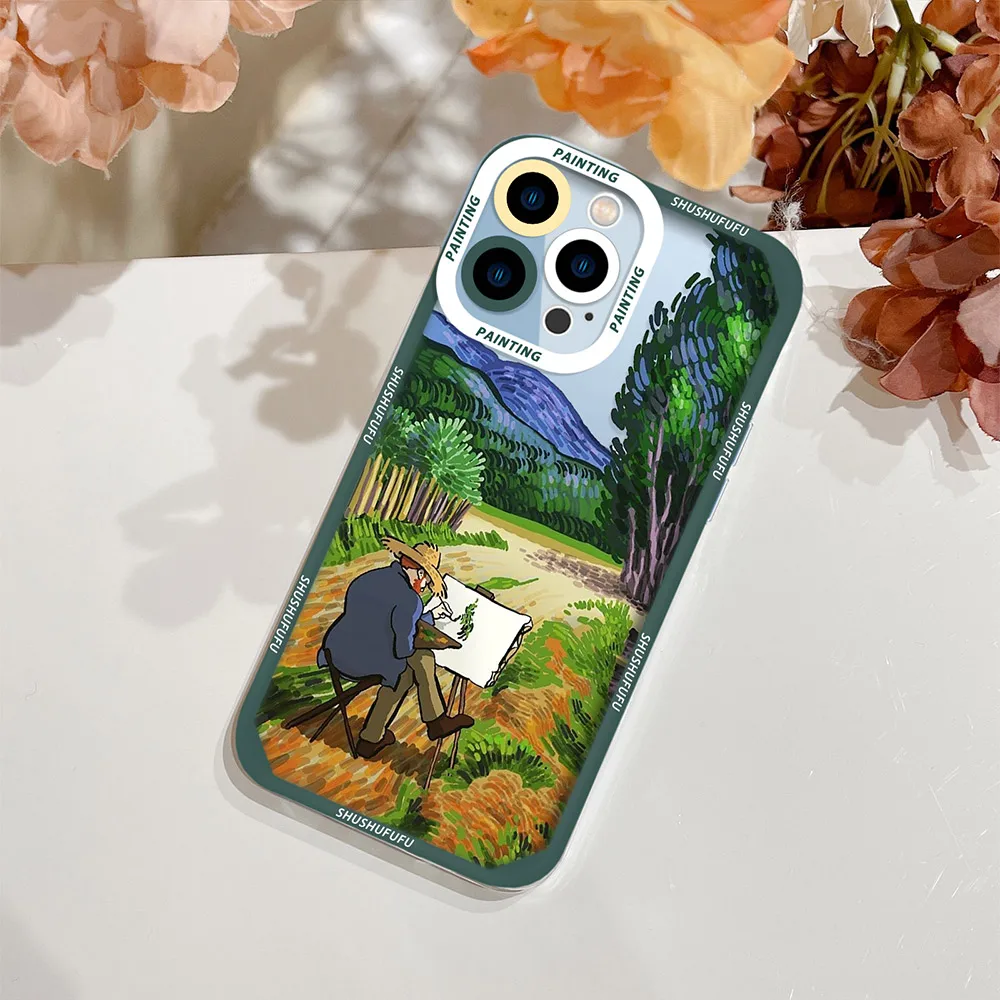 

Vintage Color Painting Case for IPhone SE2020 7 8 Plus 11 12 13Pro MAX Mini X XS XR Transparent Silicone Camera Protection Cover