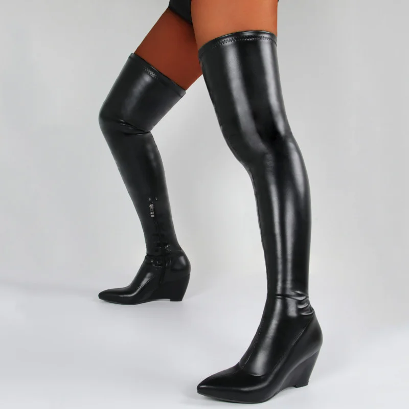 New Brand Knee High Boots For Women Fashion Black Wedge Heels Pointed Toe Over The Knee Boots 2022 Large Size Ladies Shoes