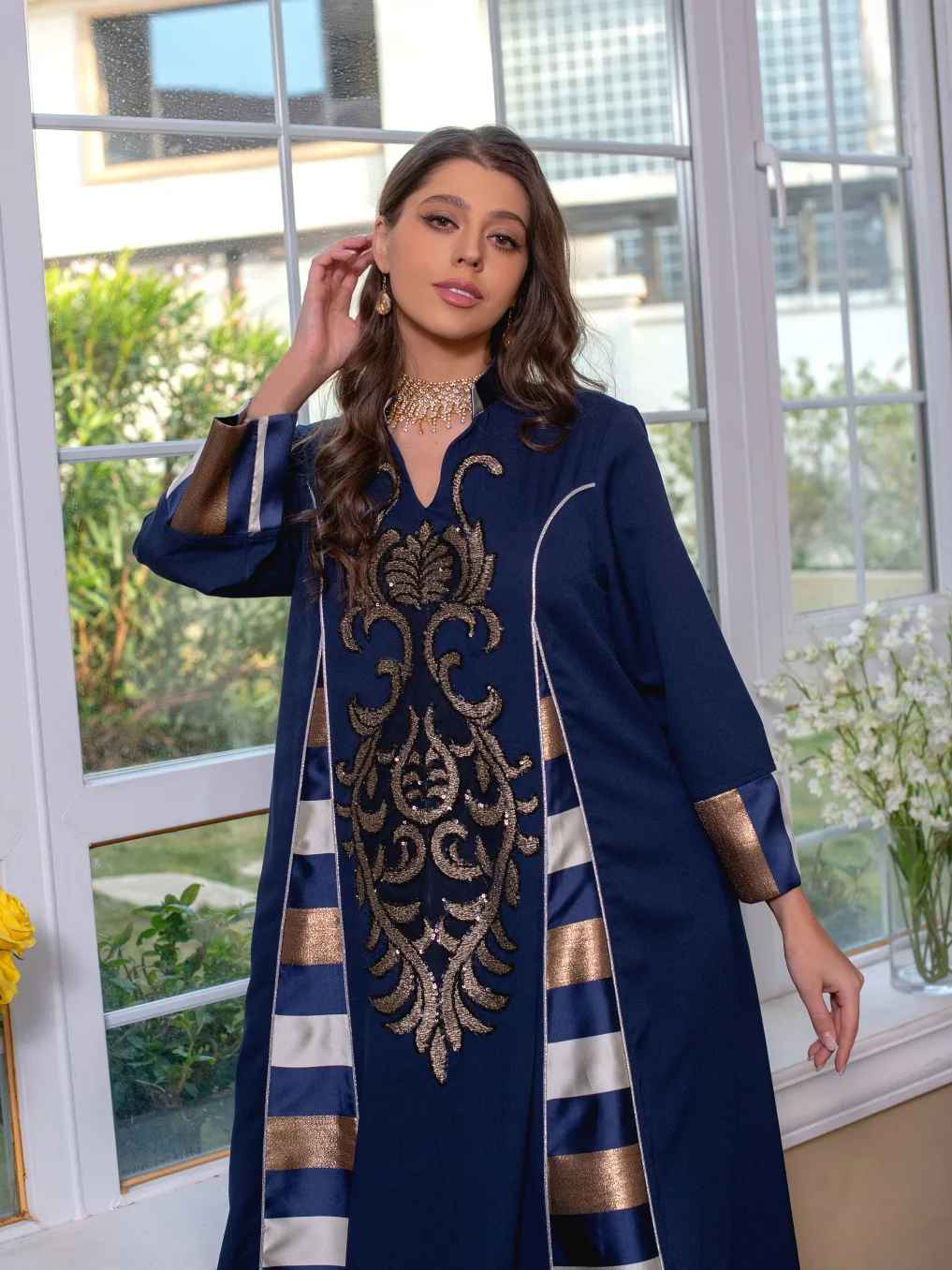 New Middle Eastern Women's Dress Beaded Embroidered Panels Print Striped Robe Abaya Muslim Maxi Dress Evening Dresses