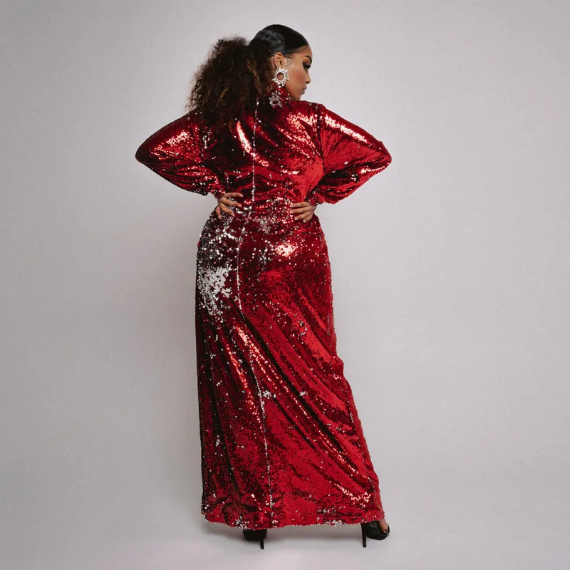 Women Fashion Sequined Party Gown Sexy Deep V-neck Long Sleeve Prom Dress Elegant Slim High Split  Evening Dresses