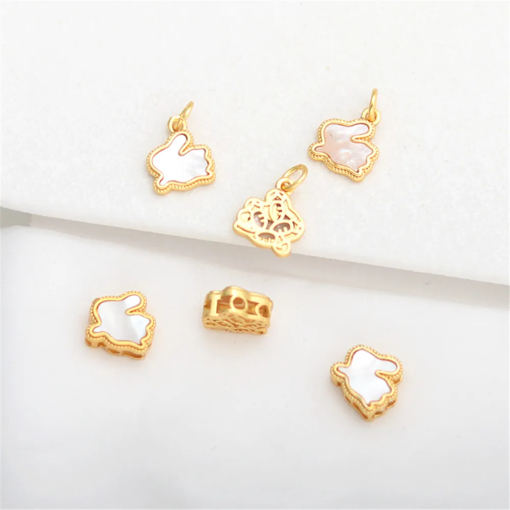 

18K gold matte inlaid shell rabbit pendant with through-hole bead diy handmade material accessories pendant