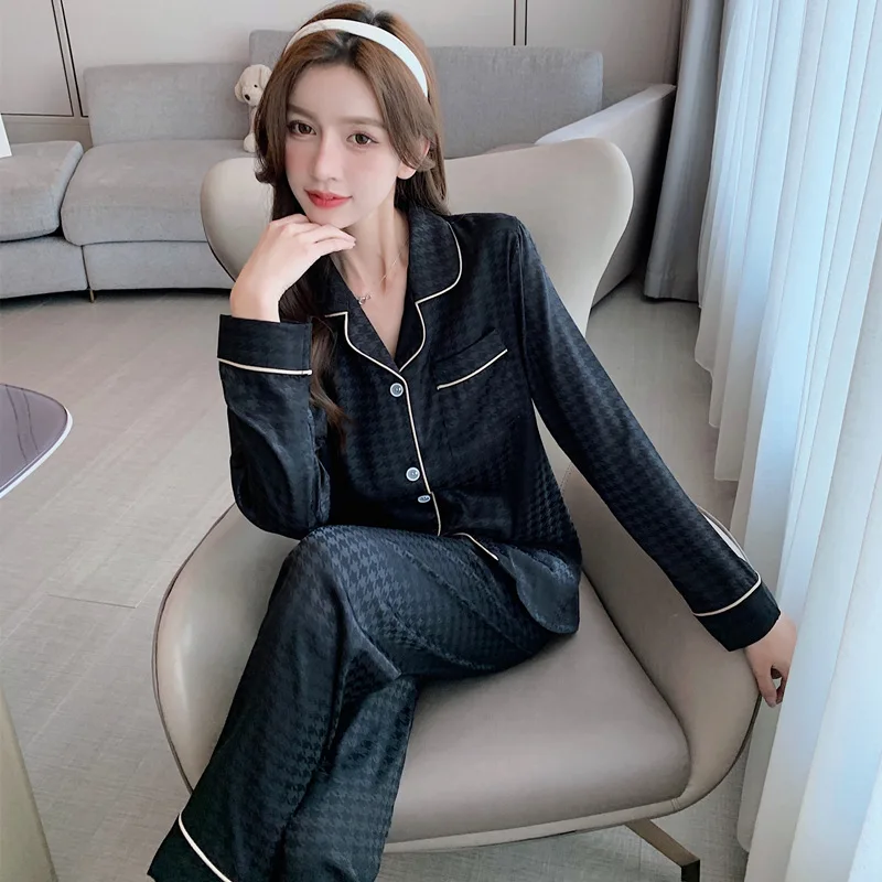 Ice Silk Pajamas Women Fashion Long Sleeve Pants Two Piece Set Women Luxury Casual Loose Lapel Sexy Homewear Set Plus Size 5XL