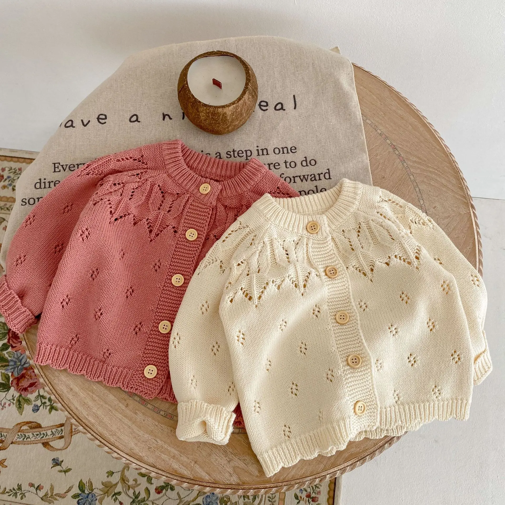 Baby Clothing Girls' Sweater Coat Spring And Autumn New Style Jacquard Hollow Knitwear Cotton Yarn Long Sleeve Boys' Cardigan