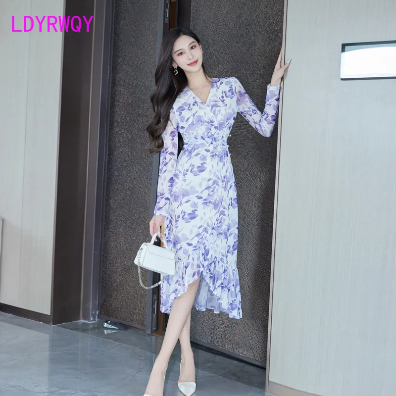 

Autumn Women's 2023 New Style Slim Fit V-neck Mesh Print Long Sleeve One Piece Fishtail Dress