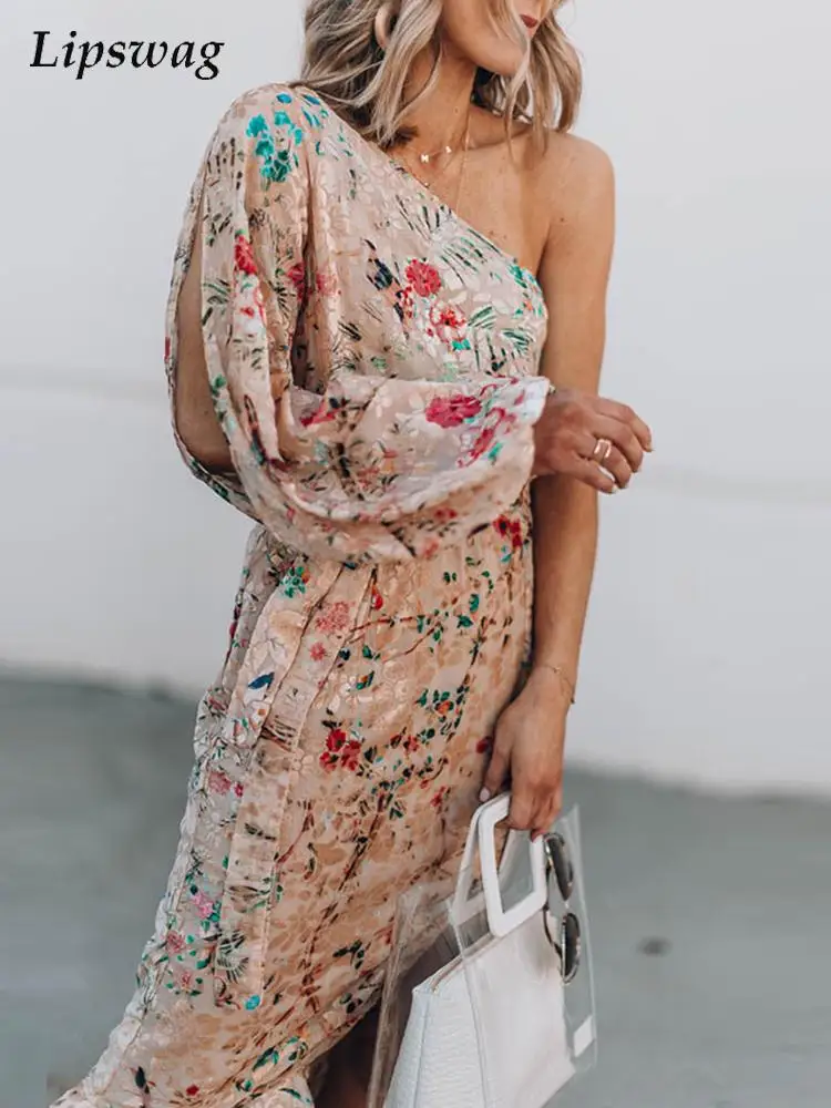 

Women Summer Vintage Pattern Print Party Dresses Lady Sexy One Shoulder Midi Dress Office Casual Long Sleeve Slit Dress Vestido