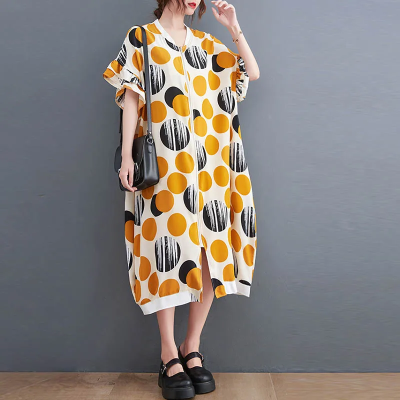 

One Piece Summer Loose Shirt Dress Women Polka Dot Contrasting Colors Zipper Long Dress Woman Plus Size Cardigan Jacket Dresses