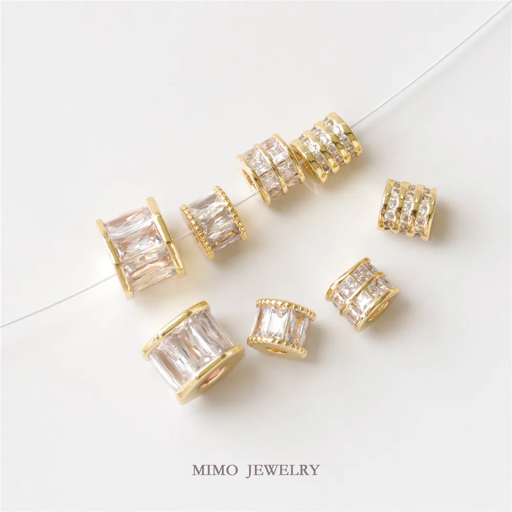 

MIMO JEWELRY Copper plated genuine gold micro inlaid zirconium stone Lutong transfer bead cylindrical pendant DIY accessories