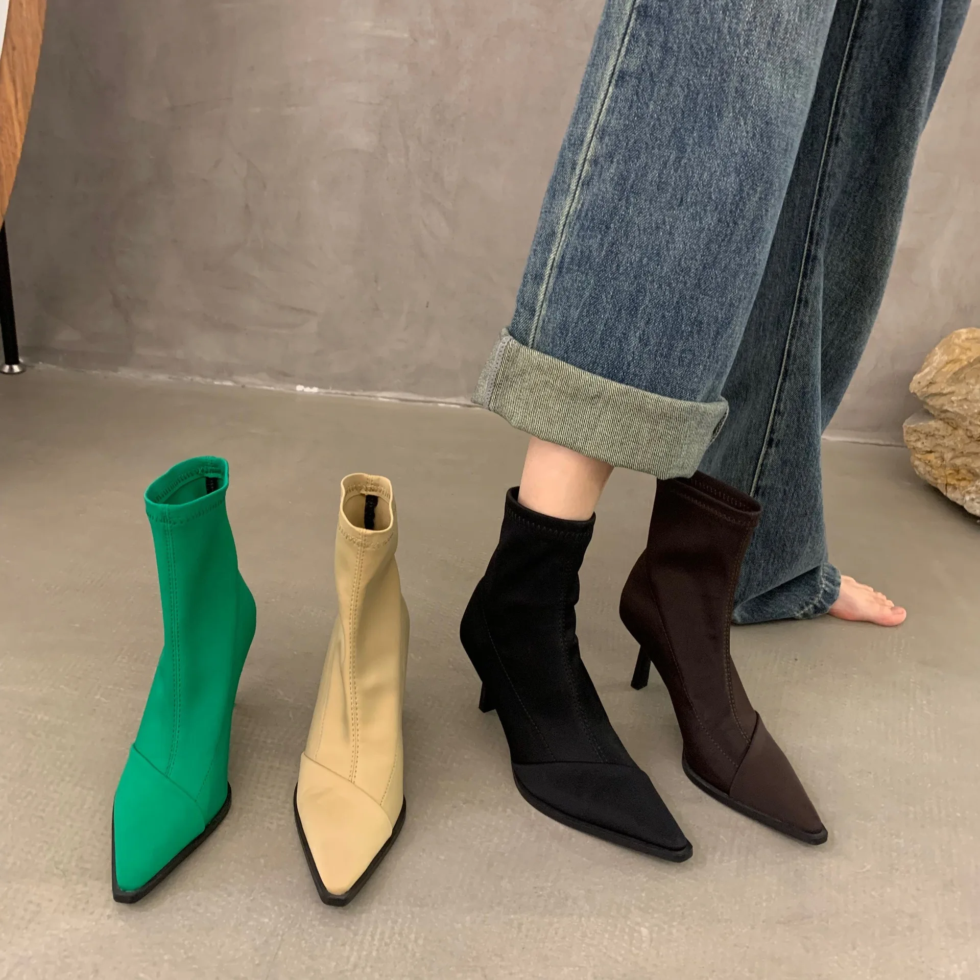 

New Satin Pointed Toe Short Boots Women Thin Heel Stretch Sock Boots Elegant Ladies Fashion High Heels Female Spring Shoes