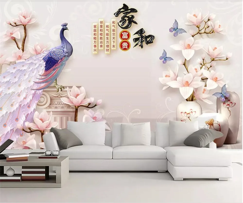 

beibehang new papel de parede Custom wallpaper 3d home and rich embossed peacock magnolia living room TV background 3d wallpaper