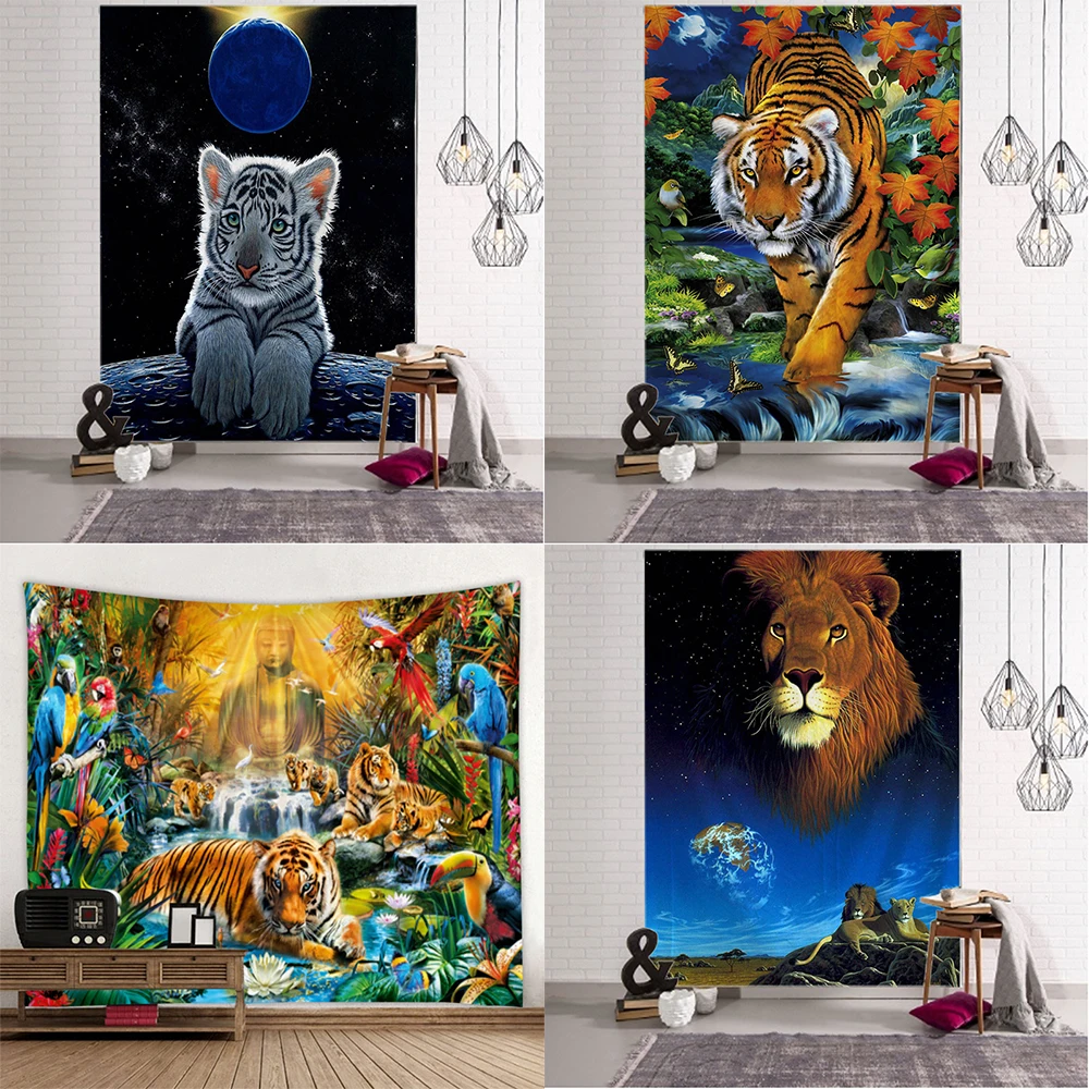 

Customizable Home Bedroom Living Room Decoration Funny Animal Tiger Lion Tapestry Art Deco Blanket Curtain