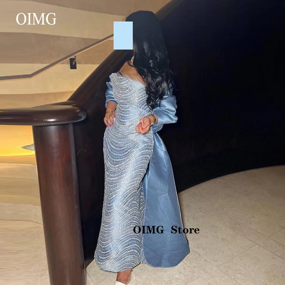 

OIMG Dusty Blue Sequin Lace Mermaid Formal Evening Dresses With Jacekt Taffeta Strapless Saudi Arabic Women Event Prom Gowns