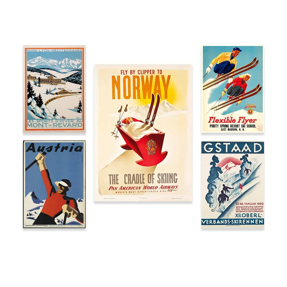 Norway sunny Alberta skiing in Austria winter sports travel vintage poster