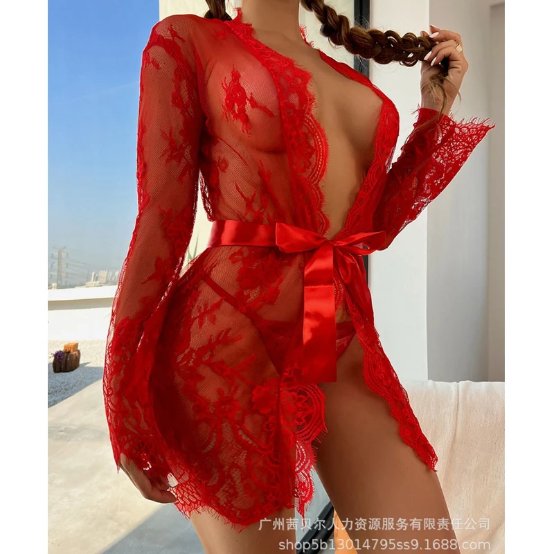 

Женский экзотический комплект ночной рубашки, модный сексуальный кружевной сетчатый прозрачный кардиган с длинным рукавом, кружевная ночн...