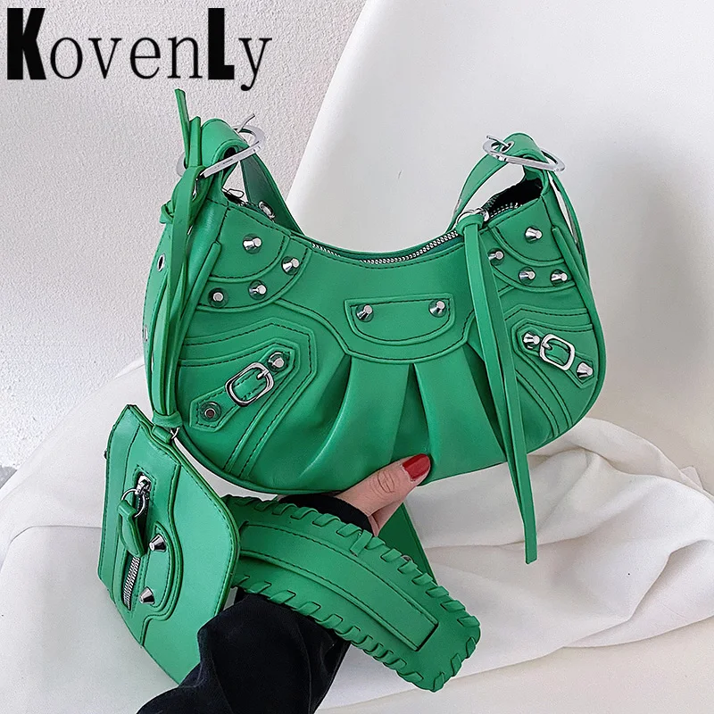 

Luxury Brand Woman Bag Rivet Half Moon Hobo Bags With Mini Purse Casual Lady Shoulder Bag Punk Style Woman Satchels Handbag