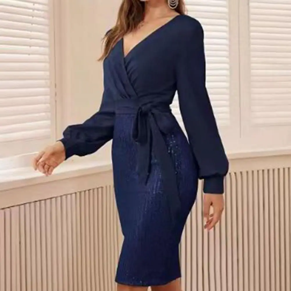 

Женское платье, сексуальное облегающее платье с глубоким V-образным вырезом и поясом, вечернее коктейльное платье с блестками, женское коктейльное платье